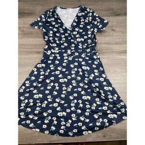 Faux Wrap Dress Womens Size XL Navy Floral Short Sleeves Pullover Soft Fabric